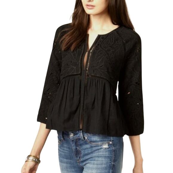 LUCKY BRAND Black Floral Embroidered Peplum Jacket  Size  XS 3/4 Sleeve Boho - Picture 1 of 11